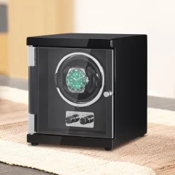 VEVOR Watch Winder, Single Watch Winder for Men's and Women's Automatic Watch, with Super Quiet Japanese Mabuchi Motor, Blue LED Light and Adapter, High-Density Board Shell and Black PU
