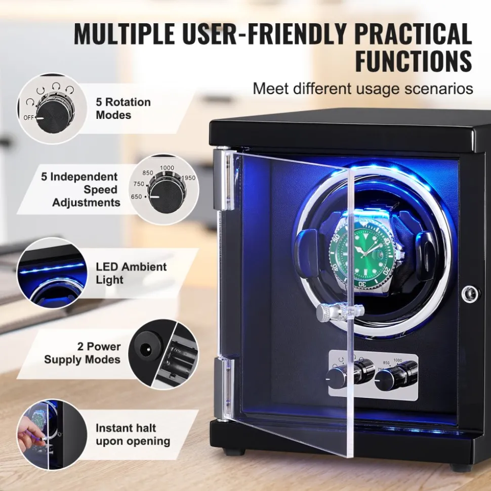 VEVOR Watch Winder, Single Watch Winder for Men's and Women's Automatic Watch, with Super Quiet Japanese Mabuchi Motor, Blue LED Light and Adapter, High-Density Board Shell and Black PU