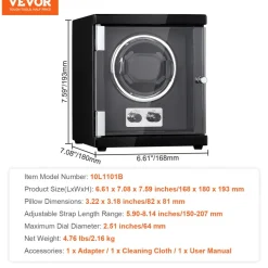 VEVOR Watch Winder, Single Watch Winder for Men's and Women's Automatic Watch, with Super Quiet Japanese Mabuchi Motor, Blue LED Light and Adapter, High-Density Board Shell and Black PU