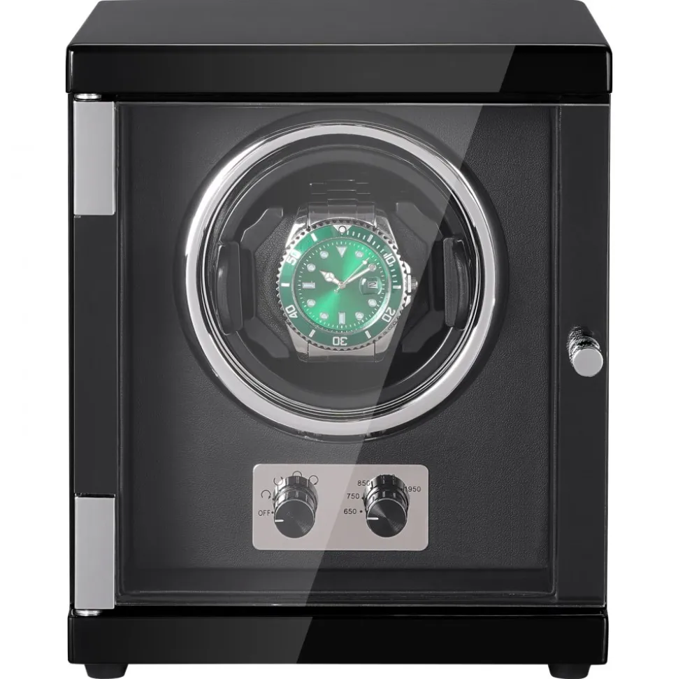 VEVOR Watch Winder, Single Watch Winder for Men's and Women's Automatic Watch, with Super Quiet Japanese Mabuchi Motor, Blue LED Light and Adapter, High-Density Board Shell and Black PU