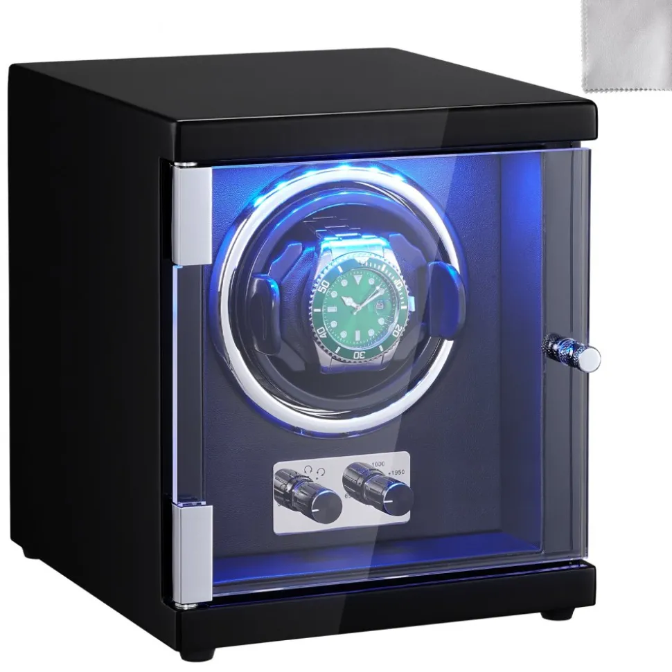VEVOR Watch Winder, Single Watch Winder for Men's and Women's Automatic Watch, with Super Quiet Japanese Mabuchi Motor, Blue LED Light and Adapter, High-Density Board Shell and Black PU