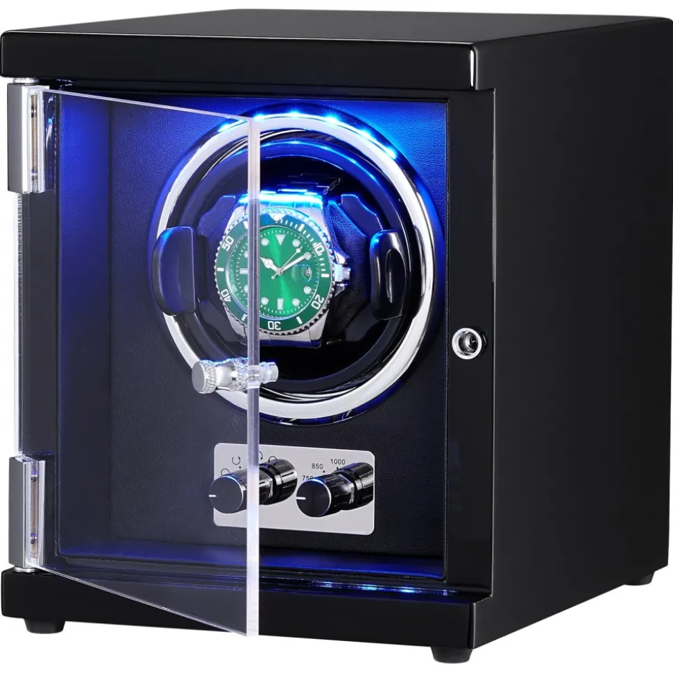 VEVOR Watch Winder, Single Watch Winder for Men's and Women's Automatic Watch, with Super Quiet Japanese Mabuchi Motor, Blue LED Light and Adapter, High-Density Board Shell and Black PU