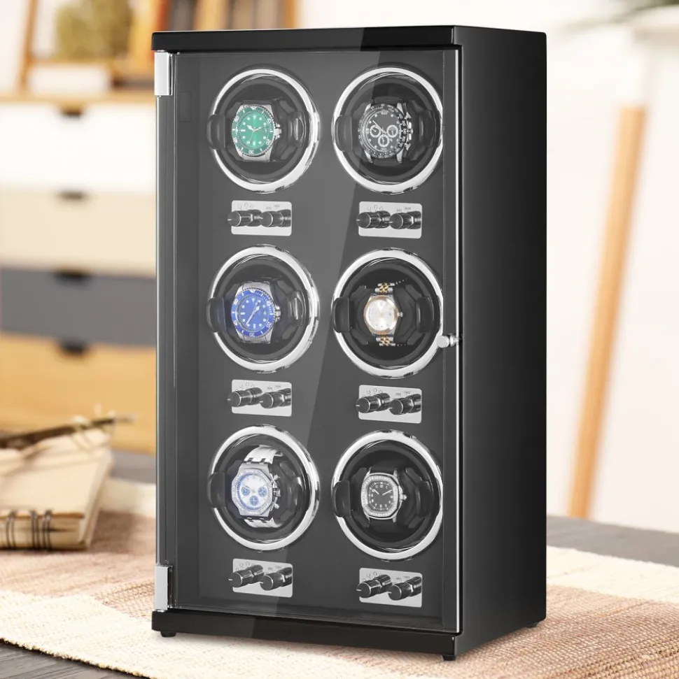 VEVOR Watch Winder, Watch Winder for 6 Men's and Women's Automatic Watches, with 6 Super Quiet Japanese Mabuchi Motors, Blue LED Light and Adapter, High-Density Board Shell and Black PU