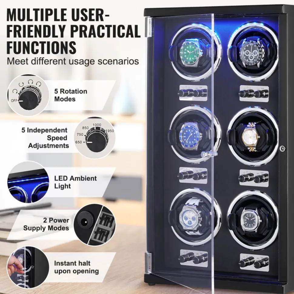 VEVOR Watch Winder, Watch Winder for 6 Men's and Women's Automatic Watches, with 6 Super Quiet Japanese Mabuchi Motors, Blue LED Light and Adapter, High-Density Board Shell and Black PU