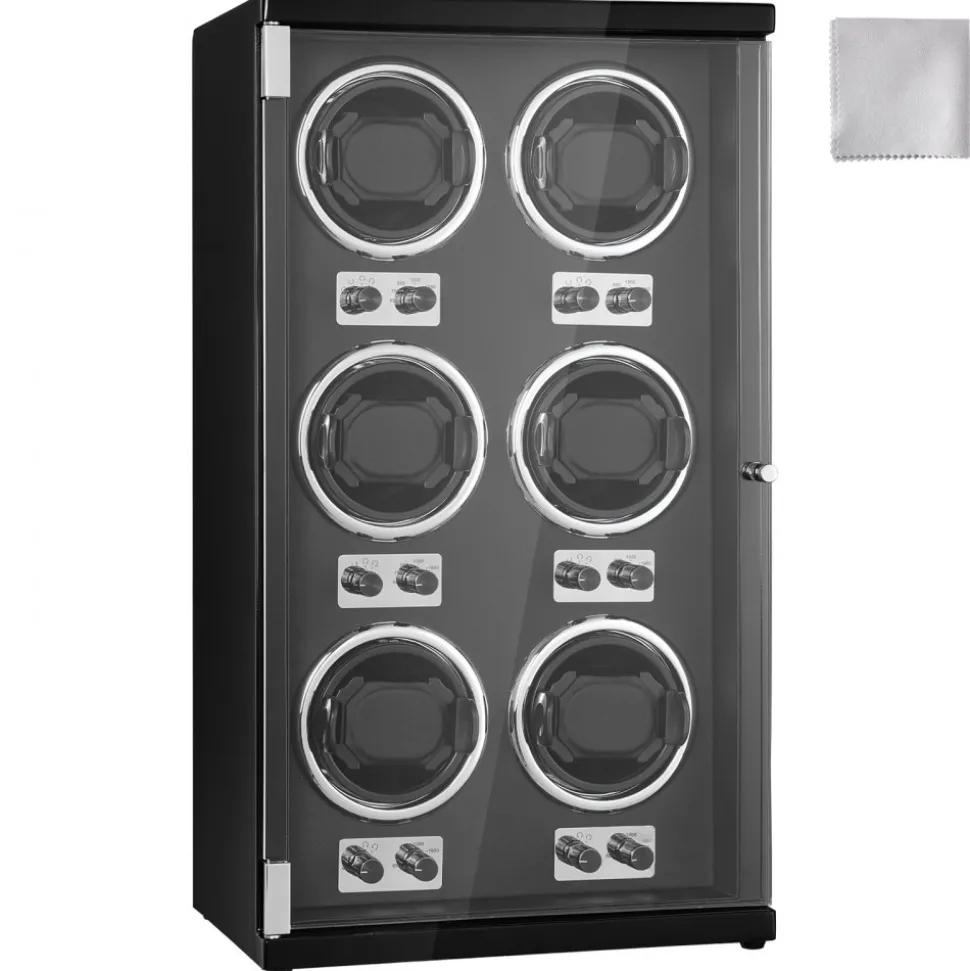 VEVOR Watch Winder, Watch Winder for 6 Men's and Women's Automatic Watches, with 6 Super Quiet Japanese Mabuchi Motors, Blue LED Light and Adapter, High-Density Board Shell and Black PU