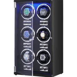VEVOR Watch Winder, Watch Winder for 6 Men's and Women's Automatic Watches, with 6 Super Quiet Japanese Mabuchi Motors, Blue LED Light and Adapter, High-Density Board Shell and Black PU
