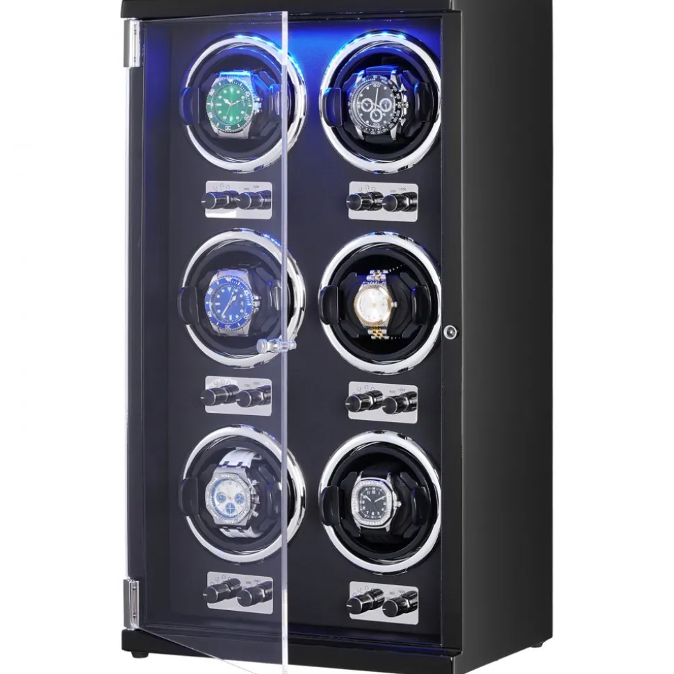 VEVOR Watch Winder, Watch Winder for 6 Men's and Women's Automatic Watches, with 6 Super Quiet Japanese Mabuchi Motors, Blue LED Light and Adapter, High-Density Board Shell and Black PU