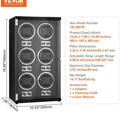 VEVOR Watch Winder, Watch Winder for 6 Men's and Women's Automatic Watches, with 6 Super Quiet Japanese Mabuchi Motors, Blue LED Light and Adapter, High-Density Board Shell and Black PU