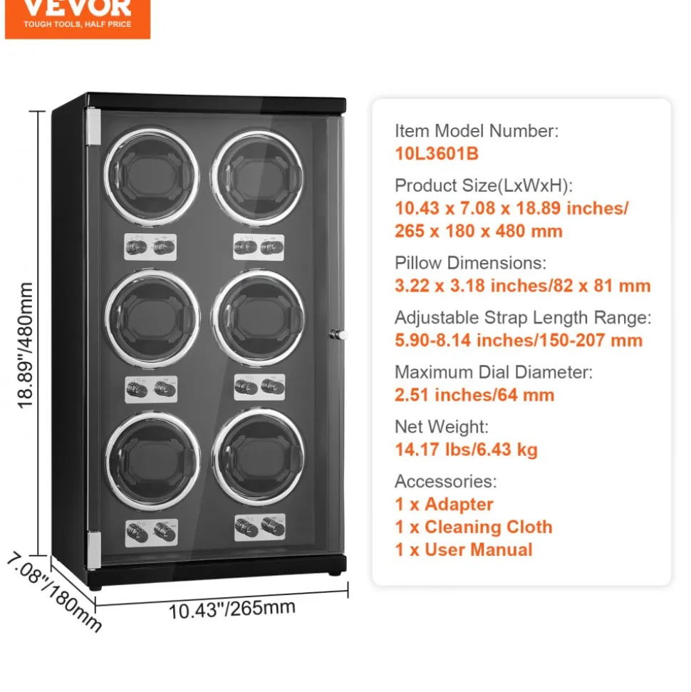 VEVOR Watch Winder, Watch Winder for 6 Men's and Women's Automatic Watches, with 6 Super Quiet Japanese Mabuchi Motors, Blue LED Light and Adapter, High-Density Board Shell and Black PU