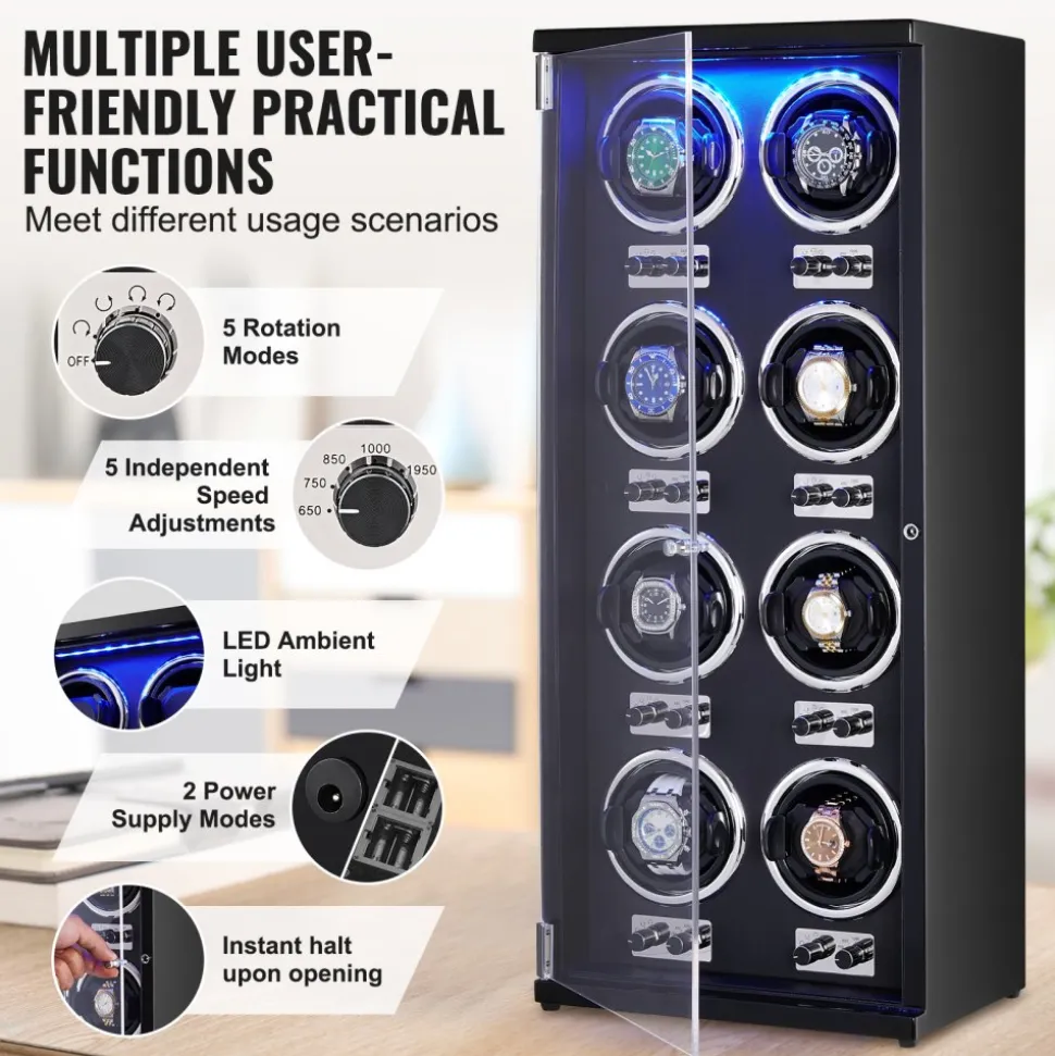 VEVOR Watch Winder, Watch Winder for 8 Men's and Women's Automatic Watches, with 8 Super Quiet Japanese Mabuchi Motors, Blue LED Light and Adapter, High-Density Board Shell and Black PU