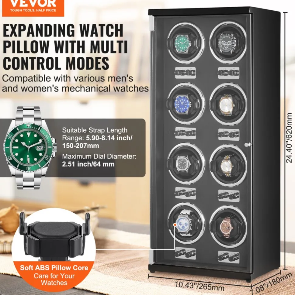 VEVOR Watch Winder, Watch Winder for 8 Men's and Women's Automatic Watches, with 8 Super Quiet Japanese Mabuchi Motors, Blue LED Light and Adapter, High-Density Board Shell and Black PU