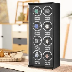 VEVOR Watch Winder, Watch Winder for 8 Men's and Women's Automatic Watches, with 8 Super Quiet Japanese Mabuchi Motors, Blue LED Light and Adapter, High-Density Board Shell and Black PU