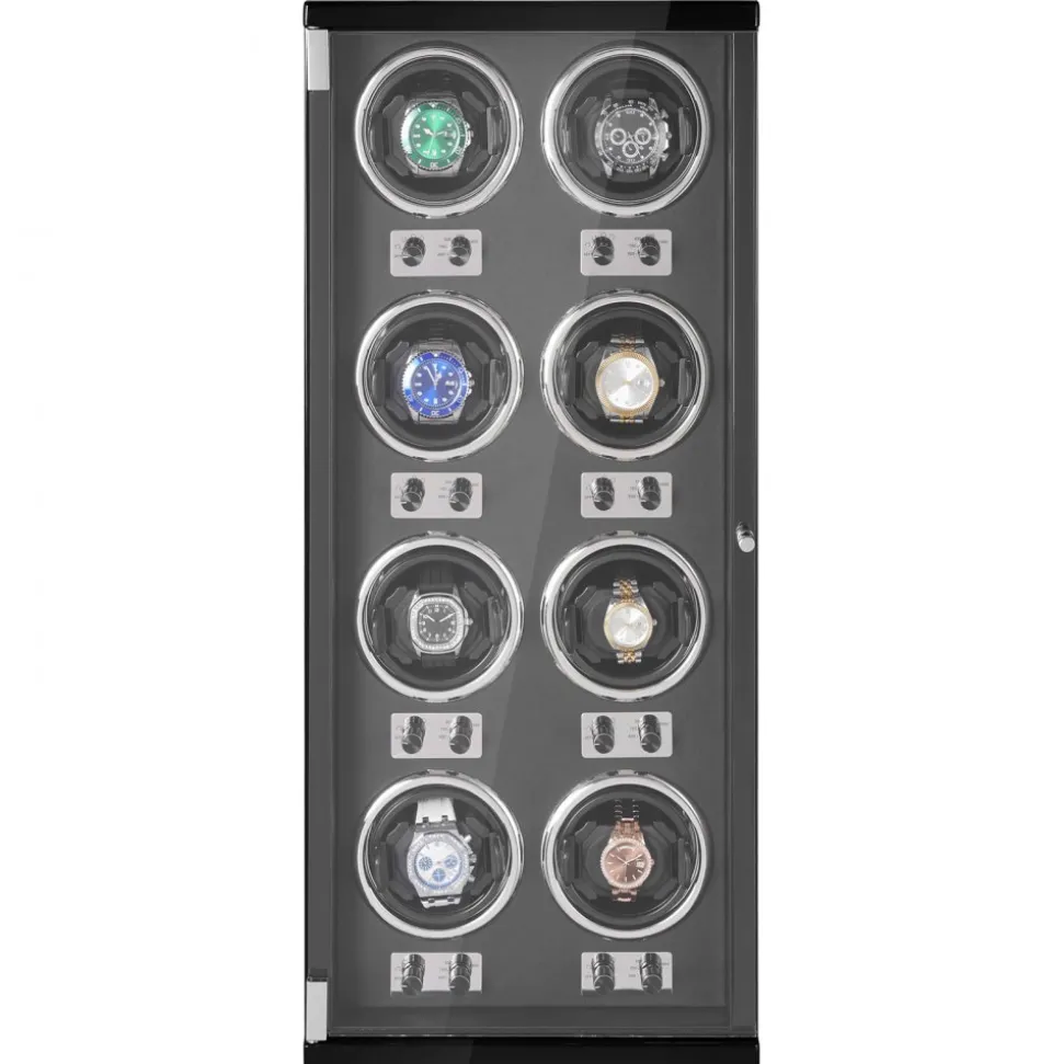 VEVOR Watch Winder, Watch Winder for 8 Men's and Women's Automatic Watches, with 8 Super Quiet Japanese Mabuchi Motors, Blue LED Light and Adapter, High-Density Board Shell and Black PU
