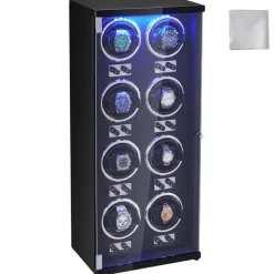 VEVOR Watch Winder, Watch Winder for 8 Men's and Women's Automatic Watches, with 8 Super Quiet Japanese Mabuchi Motors, Blue LED Light and Adapter, High-Density Board Shell and Black PU