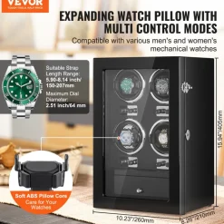 VEVOR Watch Winder, Watch Winder for 4 Men's and Women's Automatic Watches, with 4 Super Quiet Japanese Mabuchi Motors, Blue LED Light and Adapter, High-Density Board Shell and Black PU