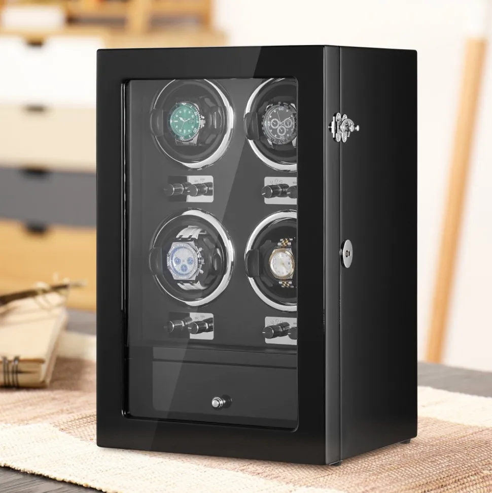 VEVOR Watch Winder, Watch Winder for 4 Men's and Women's Automatic Watches, with 4 Super Quiet Japanese Mabuchi Motors, Blue LED Light and Adapter, High-Density Board Shell and Black PU
