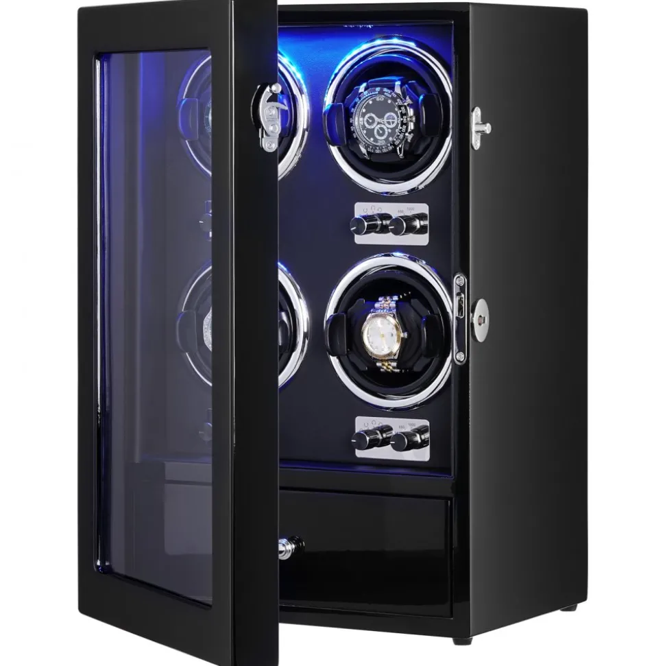 VEVOR Watch Winder, Watch Winder for 4 Men's and Women's Automatic Watches, with 4 Super Quiet Japanese Mabuchi Motors, Blue LED Light and Adapter, High-Density Board Shell and Black PU