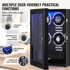 VEVOR Watch Winder, Watch Winder for 4 Men's and Women's Automatic Watches, with 4 Super Quiet Japanese Mabuchi Motors, Blue LED Light and Adapter, High-Density Board Shell and Black PU