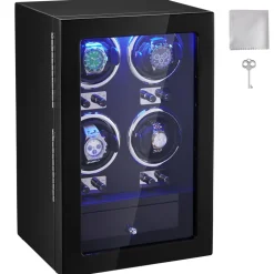 VEVOR Watch Winder, Watch Winder for 4 Men's and Women's Automatic Watches, with 4 Super Quiet Japanese Mabuchi Motors, Blue LED Light and Adapter, High-Density Board Shell and Black PU