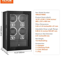 VEVOR Watch Winder, Watch Winder for 4 Men's and Women's Automatic Watches, with 4 Super Quiet Japanese Mabuchi Motors, Blue LED Light and Adapter, High-Density Board Shell and Black PU