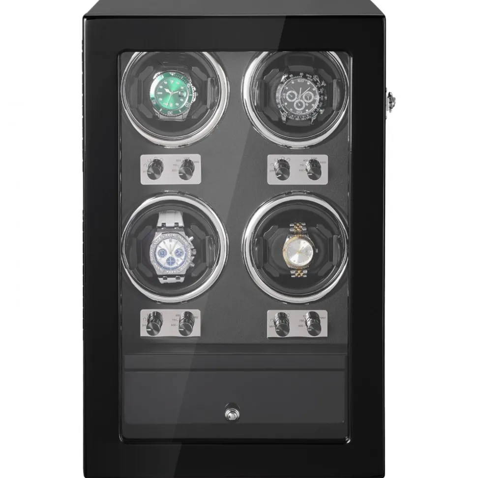 VEVOR Watch Winder, Watch Winder for 4 Men's and Women's Automatic Watches, with 4 Super Quiet Japanese Mabuchi Motors, Blue LED Light and Adapter, High-Density Board Shell and Black PU
