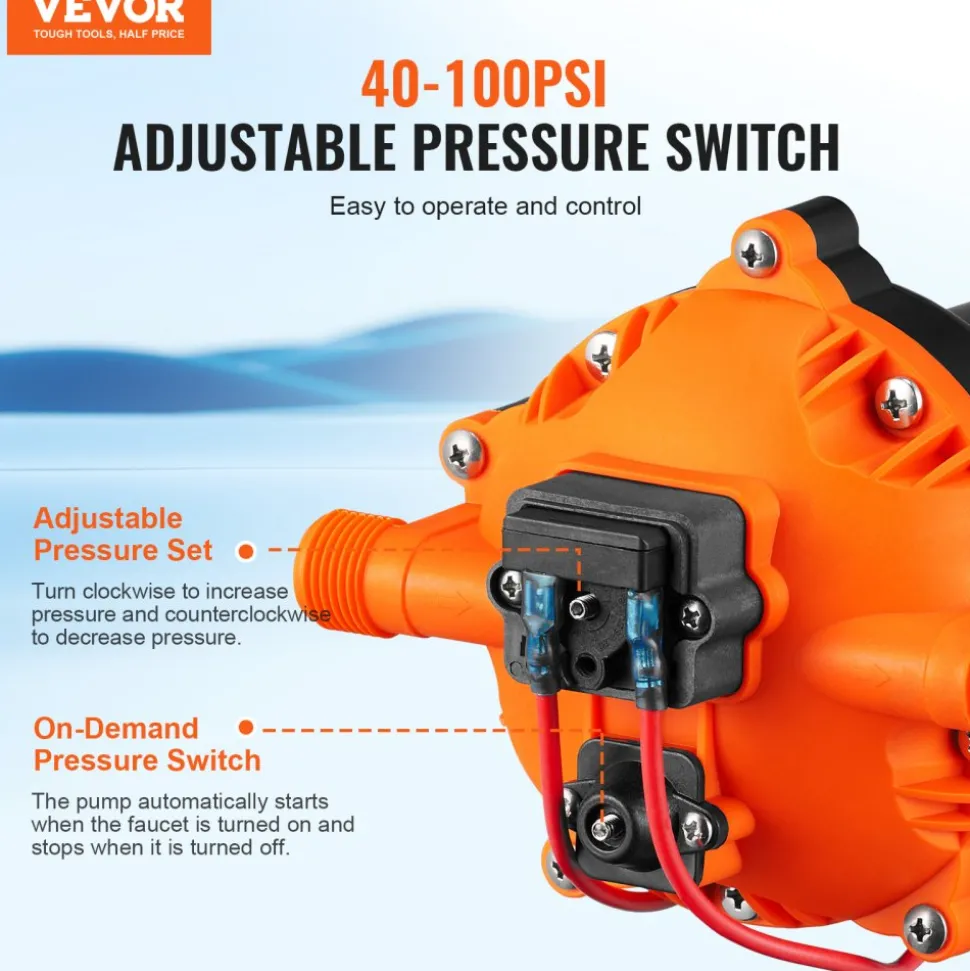 VEVOR Water Diaphragm Pump, 12V DC, 5.5 GPM Flow, 70 PSI Rated Pressure (40-100 PSI Adjustable), 1/2" MNPT Self Priming Sprayer Pump with Pressure Switch for RV Camper Marine Boat Lawn, FCC Certified