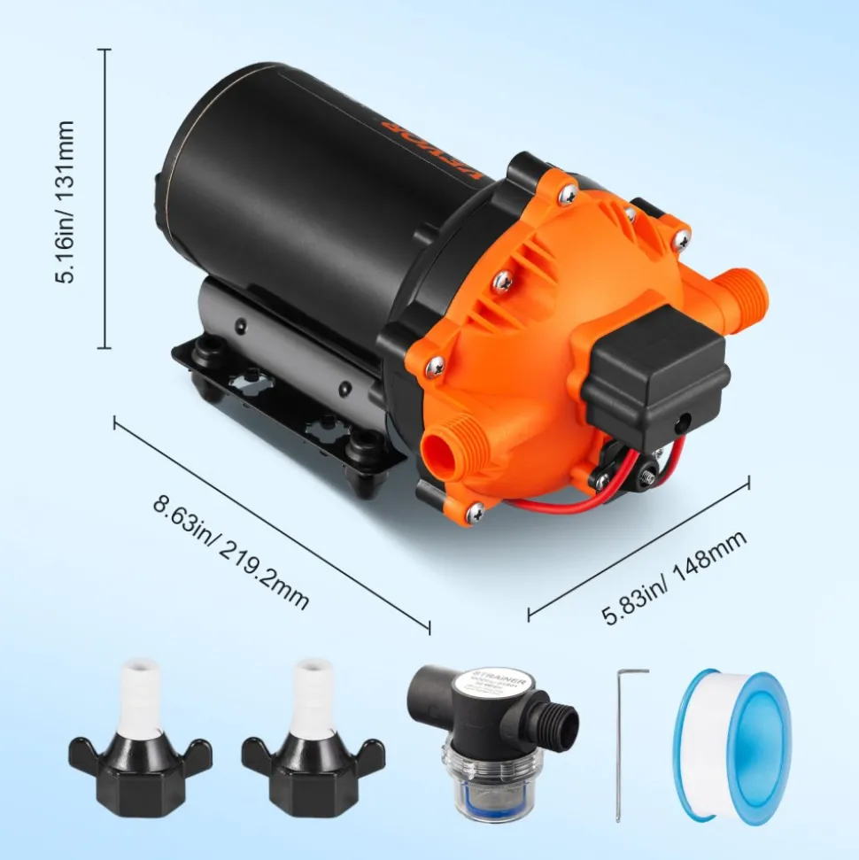 VEVOR Water Diaphragm Pump, 12V DC, 5.5 GPM Flow, 70 PSI Rated Pressure (40-100 PSI Adjustable), 1/2" MNPT Self Priming Sprayer Pump with Pressure Switch for RV Camper Marine Boat Lawn, FCC Certified