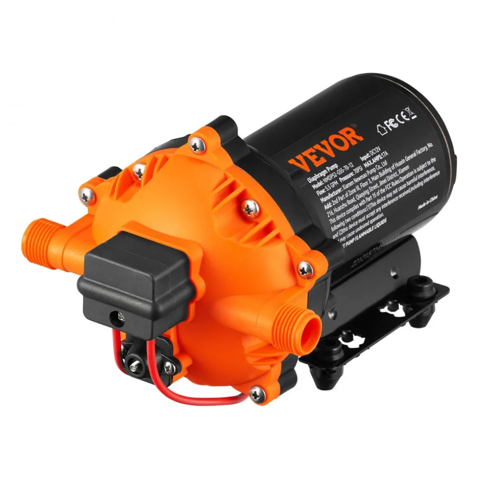 VEVOR Water Diaphragm Pump, 12V DC, 5.5 GPM Flow, 70 PSI Rated Pressure (40-100 PSI Adjustable), 1/2" MNPT Self Priming Sprayer Pump with Pressure Switch for RV Camper Marine Boat Lawn, FCC Certified