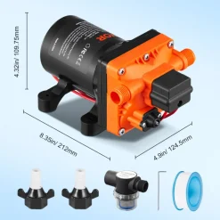 VEVOR Water Diaphragm Pump, 12V DC, 3.5 GPM Flow, 55 PSI Rated Pressure (40-80 PSI Adjustable), 1/2" MNPT Self Priming Sprayer Pump with Pressure Switch for RV Camper Marine Boat Lawn, FCC Certified