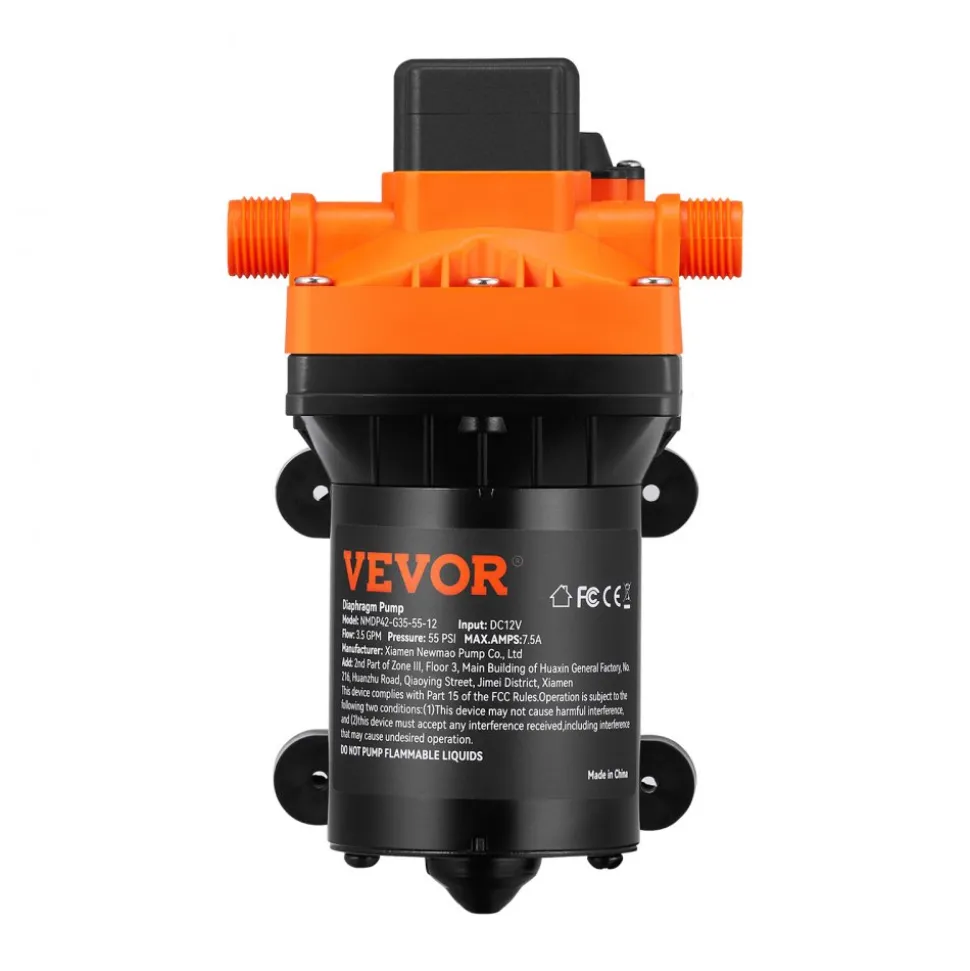 VEVOR Water Diaphragm Pump, 12V DC, 3.5 GPM Flow, 55 PSI Rated Pressure (40-80 PSI Adjustable), 1/2" MNPT Self Priming Sprayer Pump with Pressure Switch for RV Camper Marine Boat Lawn, FCC Certified