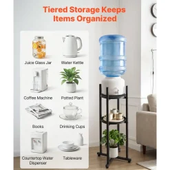 VEVOR Water Dispenser Stand, 2 Tiers Water Jug Holder for 1 Bottle, Heavy Duty Jug Rack Organizer with Detachable Storage Shelf, Cross-Shaped Stable Base, for Kitchen, Office, Living Room, Black