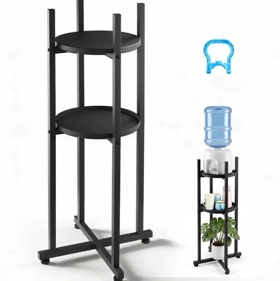 VEVOR Water Dispenser Stand, 2 Tiers Water Jug Holder for 1 Bottle, Heavy Duty Jug Rack Organizer with Detachable Storage Shelf, Cross-Shaped Stable Base, for Kitchen, Office, Living Room, Black