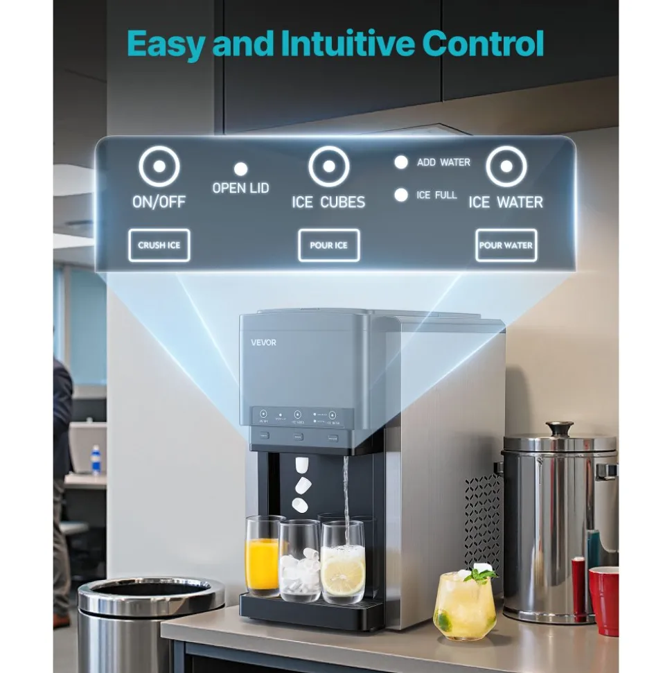 VEVOR Water Dispenser with Ice Maker, 3-in-1 Countertop Water Dispenser, 35 LBS/24H, 12 Cubes/7 Min Fast Ice Making with 4 LBS Storage, Bullet/Crushed Ices & Cold-Water, for Home, Kitchen, Party
