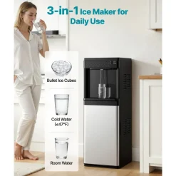 VEVOR Water Dispenser with Ice Maker, 3-in-1 Floor-Standing Water Dispenser, 33 LBS/24H, 9 Cubes/7 Min Fast Ice Making with 1.3 LBS Storage, Bullet Ice-Cubes & Cold-Water, for Home, Kitchen, Party