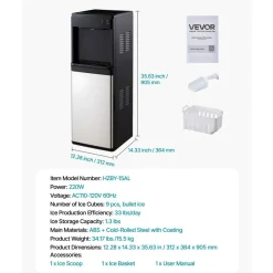 VEVOR Water Dispenser with Ice Maker, 3-in-1 Floor-Standing Water Dispenser, 33 LBS/24H, 9 Cubes/7 Min Fast Ice Making with 1.3 LBS Storage, Bullet Ice-Cubes & Cold-Water, for Home, Kitchen, Party