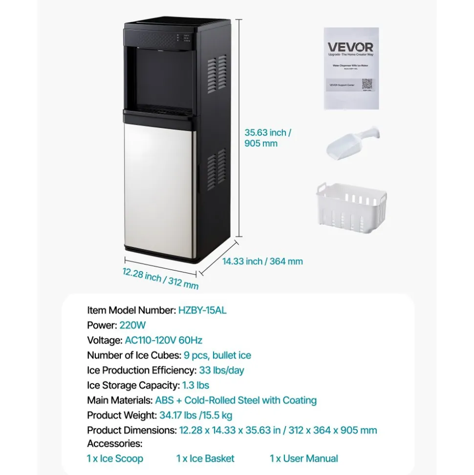 VEVOR Water Dispenser with Ice Maker, 3-in-1 Floor-Standing Water Dispenser, 33 LBS/24H, 9 Cubes/7 Min Fast Ice Making with 1.3 LBS Storage, Bullet Ice-Cubes & Cold-Water, for Home, Kitchen, Party
