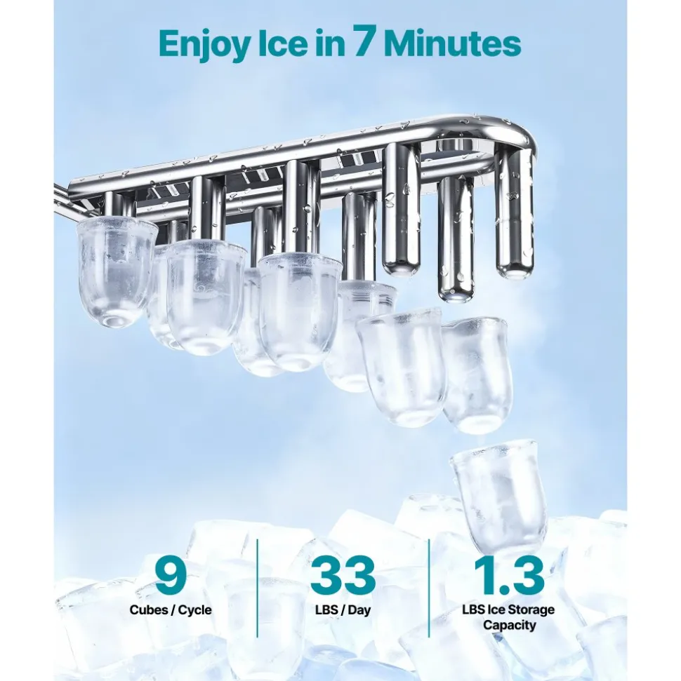 VEVOR Water Dispenser with Ice Maker, 3-in-1 Floor-Standing Water Dispenser, 33 LBS/24H, 9 Cubes/7 Min Fast Ice Making with 1.3 LBS Storage, Bullet Ice-Cubes & Cold-Water, for Home, Kitchen, Party