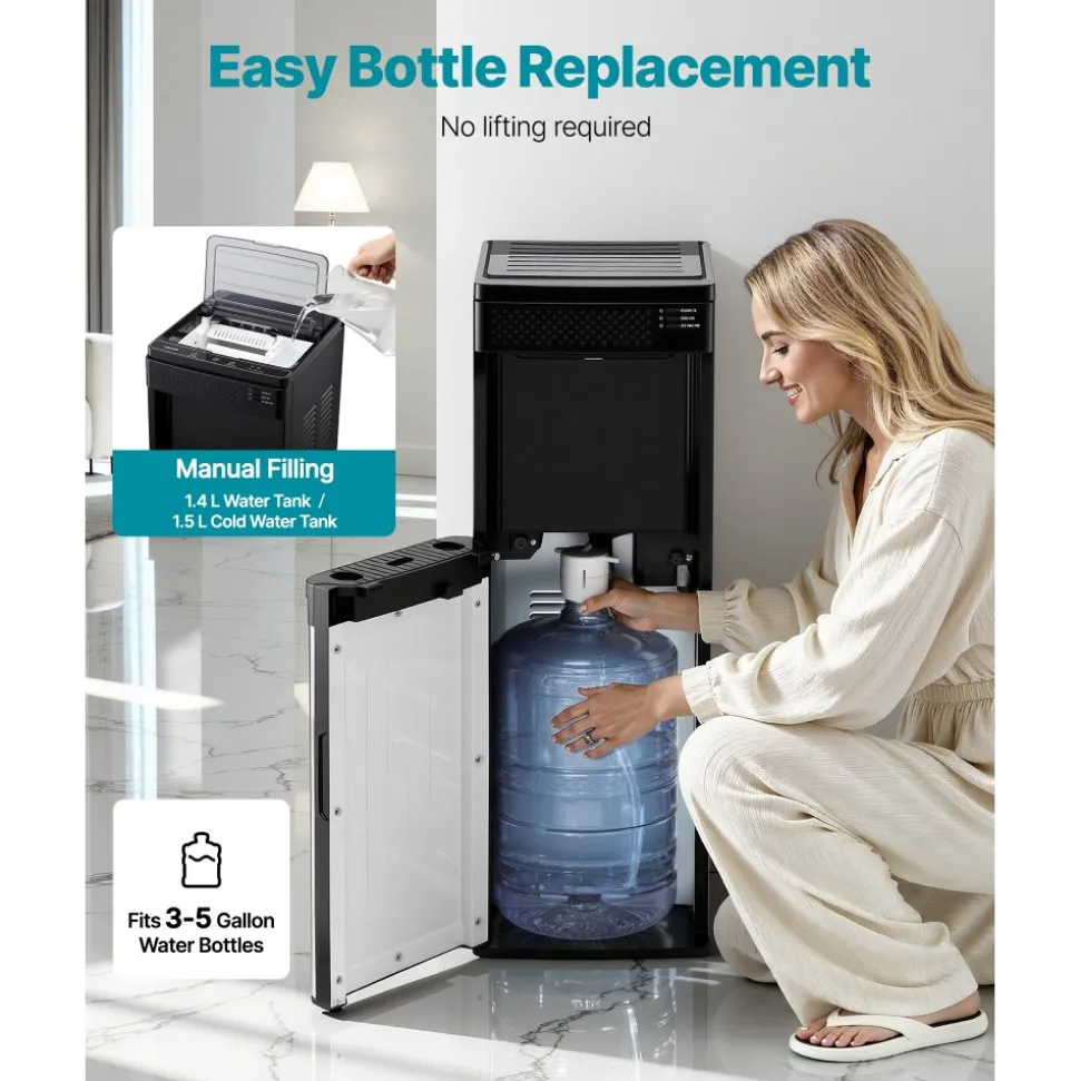VEVOR Water Dispenser with Ice Maker, 3-in-1 Floor-Standing Water Dispenser, 33 LBS/24H, 9 Cubes/7 Min Fast Ice Making with 1.3 LBS Storage, Bullet Ice-Cubes & Cold-Water, for Home, Kitchen, Party