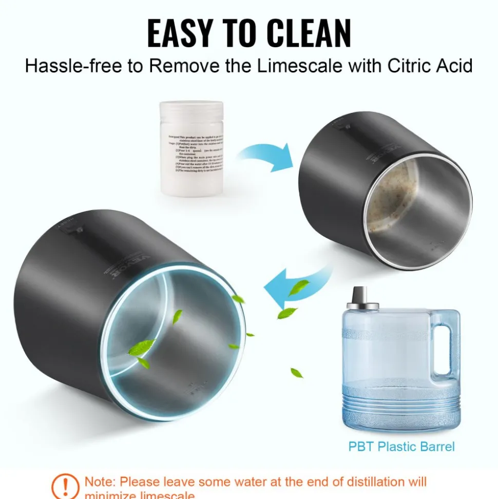 VEVOR Water Distiller, 4L 1.1 Gallon Pure Water Purifier Filter For Home Table Countertop, 750W Distilled Maker with Glass Pot, Stainless Steel Interior Drinking Machine to Make Clean Waters, Grey