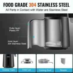VEVOR Water Distiller, 4L 1.1 Gallon Pure Water Purifier Filter For Home Table Countertop, 750W Distilled Maker with Glass Pot, Stainless Steel Interior Drinking Machine to Make Clean Waters, Grey