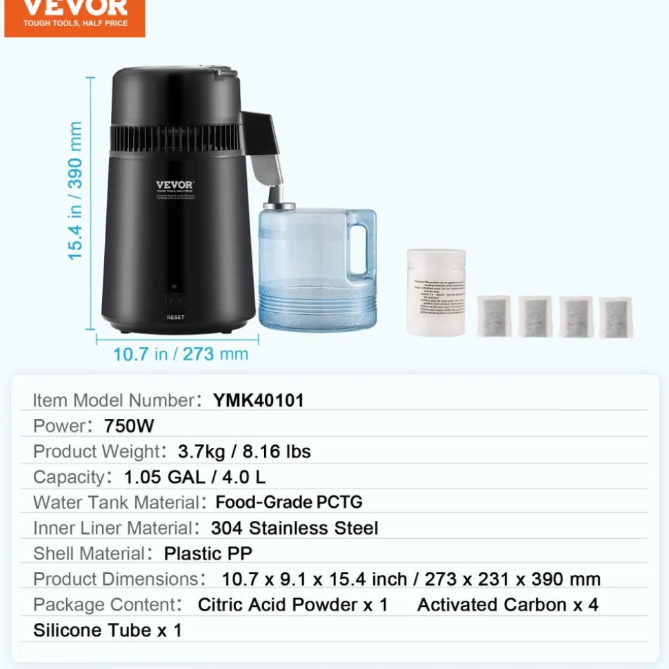 VEVOR Water Distiller, 4L 1.1 Gallon Pure Water Purifier Filter For Home Table Countertop, 750W Distilled Maker with Glass Pot, Stainless Steel Interior Drinking Machine to Make Clean Waters, Grey