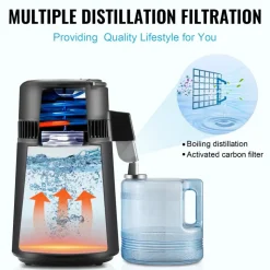 VEVOR Water Distiller, 4L 1.1 Gallon Pure Water Purifier Filter For Home Table Countertop, 750W Distilled Maker with Glass Pot, Stainless Steel Interior Drinking Machine to Make Clean Waters, Grey