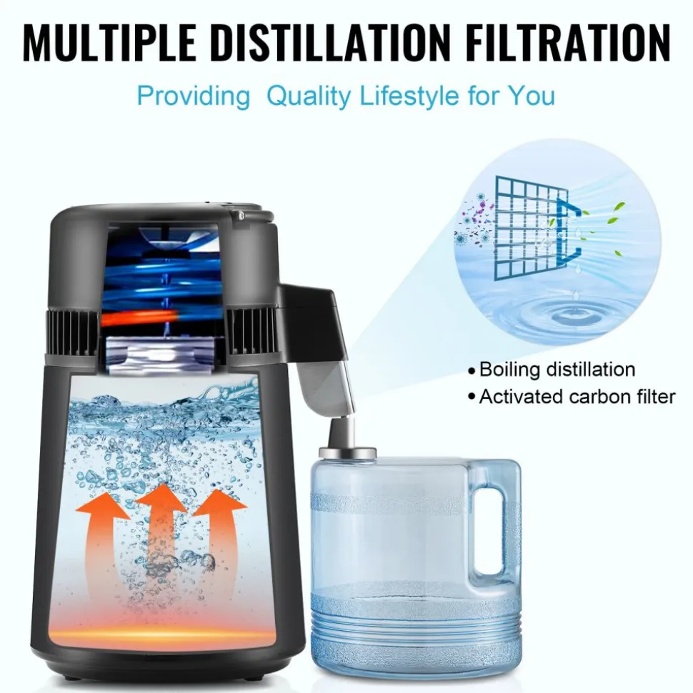 VEVOR Water Distiller, 4L 1.1 Gallon Pure Water Purifier Filter For Home Table Countertop, 750W Distilled Maker with Glass Pot, Stainless Steel Interior Drinking Machine to Make Clean Waters, Grey