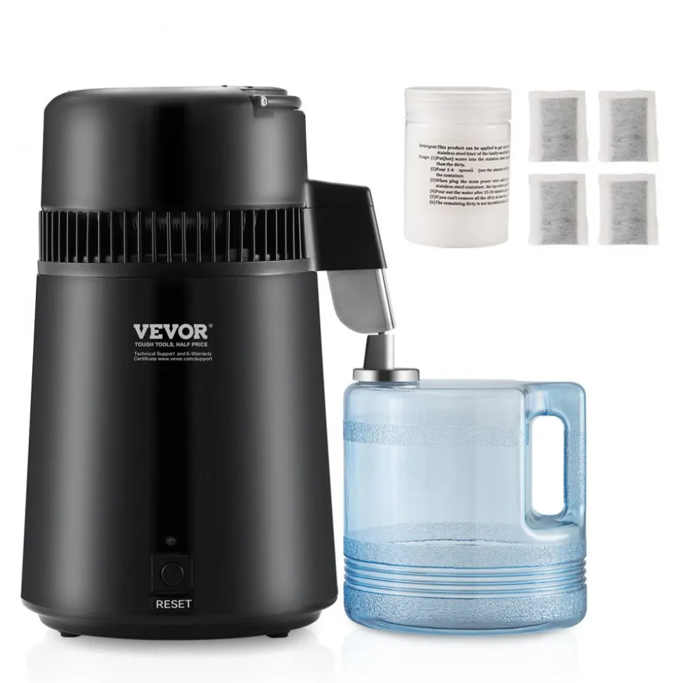 VEVOR Water Distiller, 4L 1.1 Gallon Pure Water Purifier Filter For Home Table Countertop, 750W Distilled Maker with Glass Pot, Stainless Steel Interior Drinking Machine to Make Clean Waters, Grey