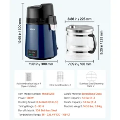 VEVOR Water Distiller, 6L 1.6 Gallon Larger Pure Water Purifier Filter For Home Table Countertop, 900W Plastic Distilled Maker, Stainless Steel Interior Drinking Machine to Make Clean Waters, White