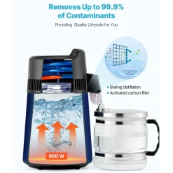 VEVOR Water Distiller, 4L 1.1 Gallon Pure Water Purifier Filter For Home Table Countertop, 1750W Distilled Maker with Glass Pot, Stainless Steel Interior Drinking Machine to Make Clean Waters, Grey