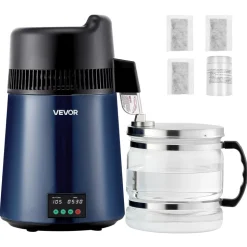 VEVOR Water Distiller, 4L 1.1 Gallon Pure Water Purifier Filter For Home Table Countertop, 1750W Distilled Maker with Glass Pot, Stainless Steel Interior Drinking Machine to Make Clean Waters, Grey