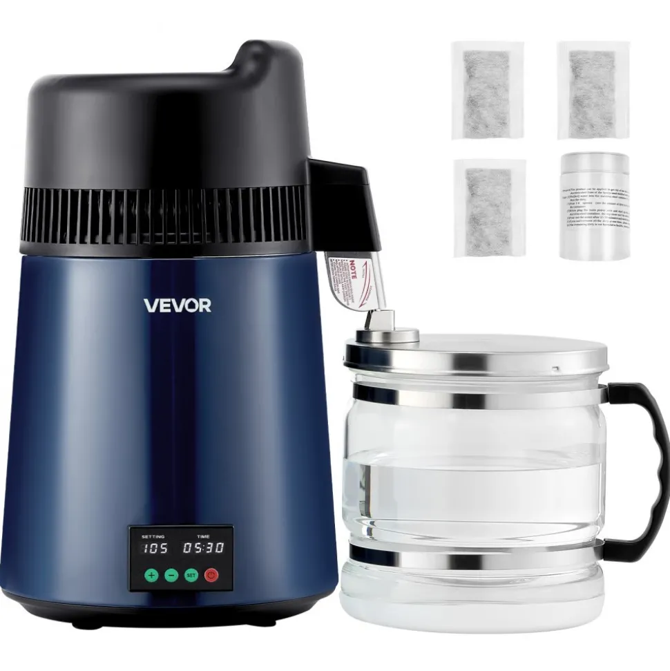 VEVOR Water Distiller, 4L 1.1 Gallon Pure Water Purifier Filter For Home Table Countertop, 1750W Distilled Maker with Glass Pot, Stainless Steel Interior Drinking Machine to Make Clean Waters, Grey