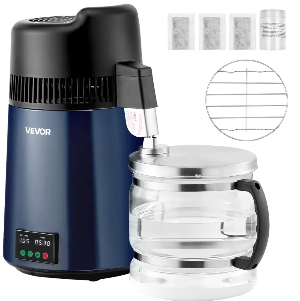 VEVOR Water Distiller, 4L 1.1 Gallon Pure Water Purifier Filter For Home Table Countertop, 1750W Distilled Maker with Glass Pot, Stainless Steel Interior Drinking Machine to Make Clean Waters, Grey