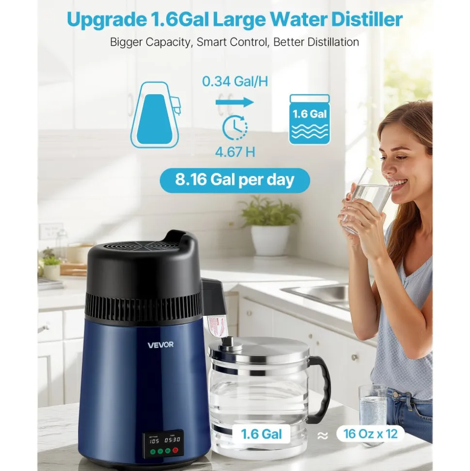 VEVOR Water Distiller, 4L 1.1 Gallon Pure Water Purifier Filter For Home Table Countertop, 1750W Distilled Maker with Glass Pot, Stainless Steel Interior Drinking Machine to Make Clean Waters, Grey